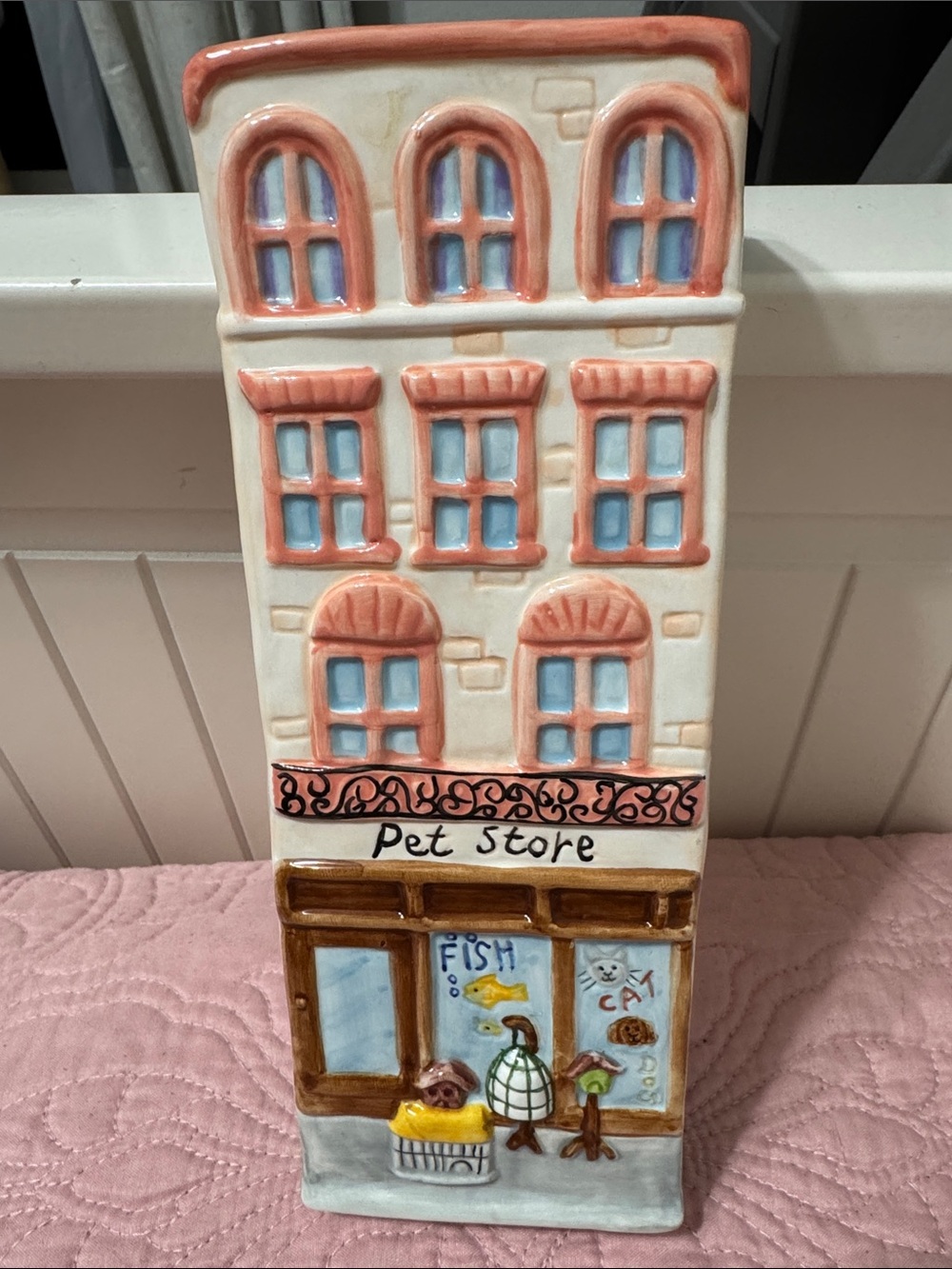 GANZ Ceramic Pet Store Building in Cream, Coral, Blue and Brown